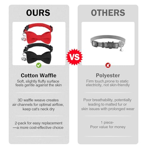 Cat Collar Breakaway with Bells, Soft Cotton Red Cat Bowtie Collar for Girl Cats, Small Cats Collar with Bow for Spring Summer, 2 Pack Cute Kitten Collars with Removable Bowtie 8-12Inch - color: Black + Red