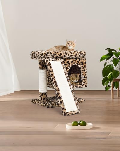 SYANDLVY Small Leopard Print Cat Tree with Perch for Indoor Cats, Cat Tower with Scratching Post, Modern Activity House for Large Cats, Condo with Board, Kittens Cave - color: Leopard Print