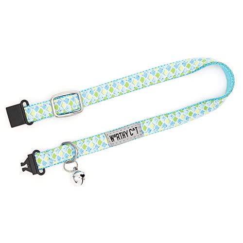 THE WORTHY DOG Patterned Mermaid Cat Collar with Bell, Adjustable Nylon Safety Collar, Lite Blue, One Size - color: Blue-Mermaid