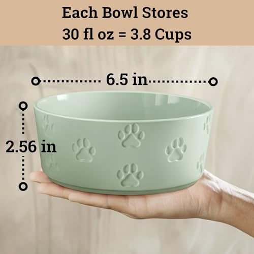 Ceramic Dog Bowl Set of 2 with Anti-Skid Base - 6.5" Wide x 2.5" Tall Ceramic Dog Bowls Medium Sized Dogs - 3.8 Cup Capacity Food and Water Bowls for Dogs - Rubber Bottom Pet Bowl Set of 2 Medium Size - color: Sage Green, size: Medium
