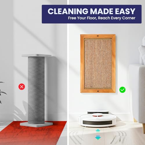 Wooden Sisal Cats Wall Scratcher, Floor or Wall Mounted Cat Scratching Mat, Durable Cat Scratch Pads for Indoor Cats, Framed Sisal Scratch Pad Mat, Wall Cat Scratching Post for Furniture Protector - size: Large