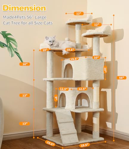 Made4Pets Cat Tree Tower 56in Cat Tower for Indoor Cats Kitten Tree Multi-Level Cat Tree with 2 Condo Furniture Activity Center with Scratching Posts Funny Toys Kittens Pet Play House, Beige - color: Beige