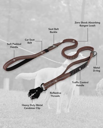 Joytale Tactical Dog Leash Heavy Duty, 4-6FT Shock Absorbing Bungee Lead with 2 Padded Handle, Metal Carabiner Clip, Car Seatbelt, Strong No Pull Leash for Medium Large X-Large Dogs, Brown - color: Brown