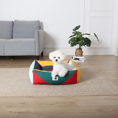 Cotton Canvas Dog Bed, Cute Dog Beds for Small Dogs, Puppy Bed with Washable Removable Cover, Durable 290 GSM Cotton Anti-Chewing Pet Bed with Anti-Slip Bottom (24"x20"x8", Red&Yellow&Green) - color: Red+Green+Yellow, size: Small
