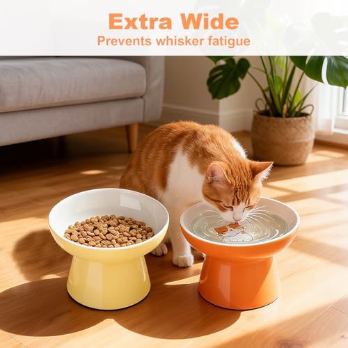 Elevated Cat Bowls,2 Pcs Ceramic Raised Cat Food Bowls with Non-Slip Base,Whisker-Friendly Shallow Design,Lead & Cadmium Free Pet Feeder,Dishwasher and Microwave Safe (Orange&Yellow) - color: Orange&Yellow