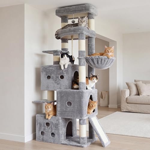 Heybly Cat Tree, 74-Inch Streamlined Cat Tower for Large Cats with 3-Tier Stacked Condos, Cat Furniture with Large Perch, Sturdy Base, Full Sisal Scratching Posts & Ramp, Light Gray HCT061W - color: Light Gray