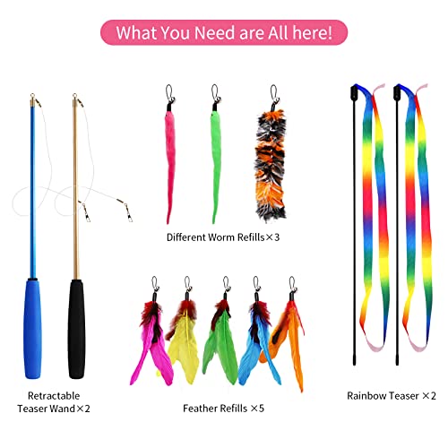 12PCS Interactive Kitten Toys, Retractable Indoor Cat Wand Toys with Replacement Teaser, Rainbow Ribbon and Make Exercise by Sunshinetop - color: Cat Feather Toys