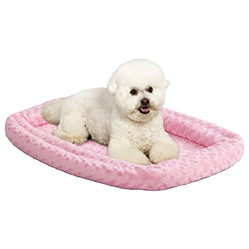 MidWest Homes for Pets Small QuietTime Double Bolster Pet Bed, Pink Plush 24-Inch Crate Mat with Stacked Bolsters, Machine Washable, Secure Fit with Elastic Straps - color: Pink Plush, size: 24-Inch