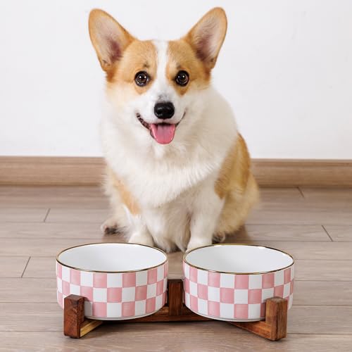 Ceramic Dog Bowls for Medium Dogs, 3.5 Cups Checkered Dog Food and Water Bowl with Acacia Wood Stand, Non-Slip Anti-Tip Elevated Feeding Station, Blue and White - color: Blue and White