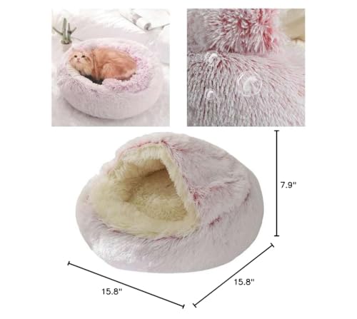 Cat Bed Round Fluffy Hooded Cat Bed Cave, Anti-Anxiety Cave Bed with Hooded Blanket, Cozy Cuddler Luxury Puppy Pet Bed, Anti-Slip Bottom and Machine Washable (Pink, Large) - color: Pink, size: Large