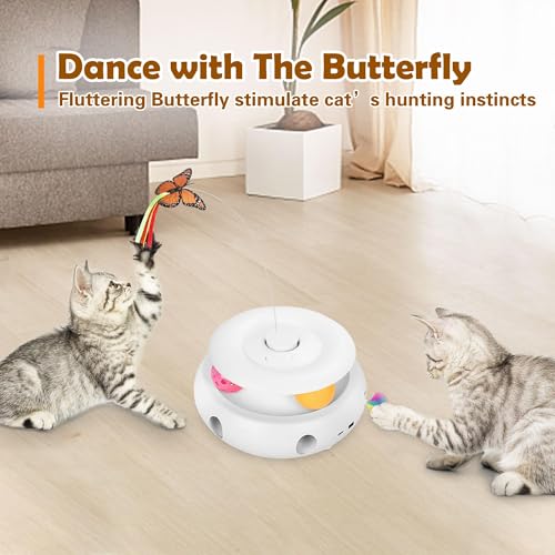 Cat Toys, 3-in-1 Interactive Cat Toy for Indoor Cats, Rechargeable Automatic Kitten Toy with Fluttering Butterfly, Moving Feather, Smart Sensor 6 Holes Whack-A-Mole & Track Balls (White) - color: white