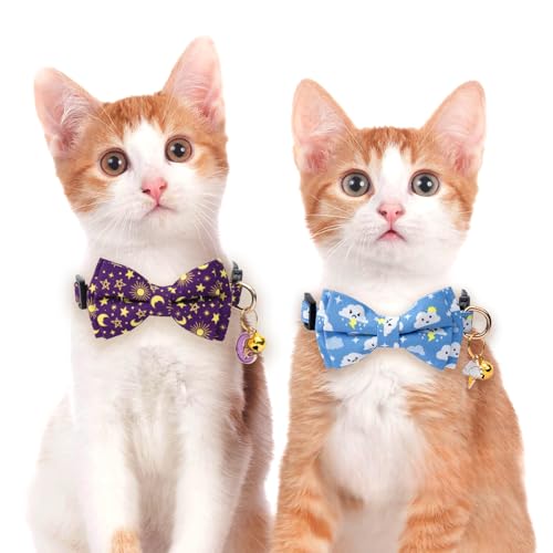 2 Pack Cotton Cat Collar with Bow Tie and Bell for Girl Boy Cats,Cute Pink Flamingo and Blue Whale Pattern Spring Summer Breakaway Cat Collar for Male Female Cats (Moon&Cloud) - color: Moon&Cloud