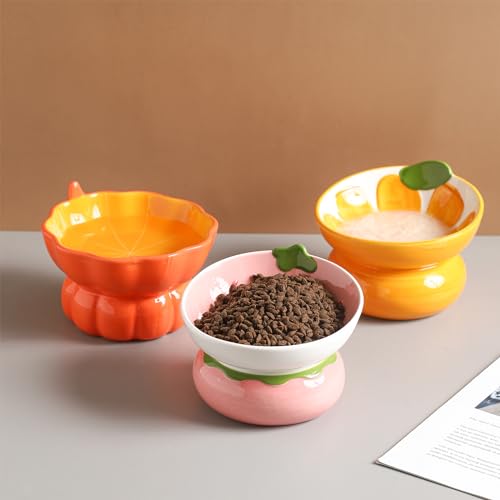 Ceramic Raised Cat Bowl - Pink Elevated Food Bowl for Indoor Cats, Anti-Vomiting & Spine Protection, Cute Tilted Dish for Flat-Faced Cats and Kittens (Strawberry Shaped) - color: Pink