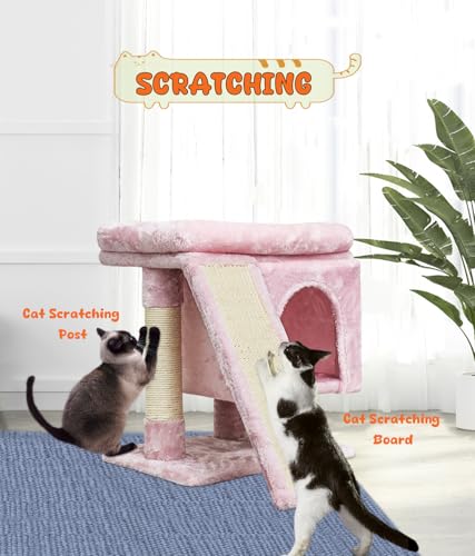 SYANDLVY Small Pink Cat Tree with Perch for Indoor Cats, Cat Tower with Scratching Post, Modern Activity House for Large Cats, Condo with Board, Kittens Cave - color: Pink
