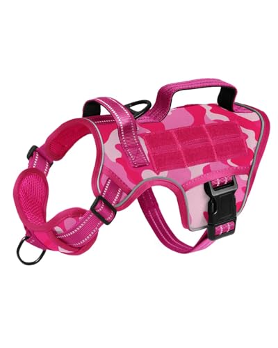 Small Dog Harness, Heavy Duty Tactical No Pull Dog Harness, No Choke, Easy On and Off Pet Vest with Molle System, Adjustable Reflective Dog Vest with Breathable Padded for Walking Hiking Training - color: Pink Camo, size: S(Neck:16-22",Chest:20-28"),18-35