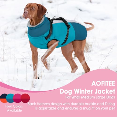 AOFITEE Dog Coat, Warm Dog Jacket with Harness Built-in, Waterproof Medium Dogs Cold Weather Coat with Zipper, Reflective Fleece Lined Pet Snow Jackets for Pug, Jack Russell, Boston Terrier, M - color: PineGreen, size: Medium