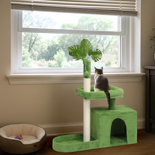 36in Cat Tree with Leaves, Multi-Level Cat Tower with Scratching Post, Cozy Condo & Padded Perch, Dangling Ball for Kittens and Indoor Cats, Compact Cat Furniture for Small Spaces, Green