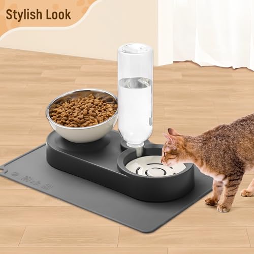 2-in-1 Dog Bowl, Elevated Cat Food and Water Bowl with No-Spill Mat, 15° Tilt Stainless Steel Dish + 500ml Leak-Proof Bottle, Easy Clean Design (Dry/Wet Food & Water)