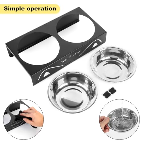 2 Pack All-Metal Cat Food Bowl Raised, 5.5" Wide Tilted Whisker-Fatigue Pet Dish, Anti-Vomiting, 4 Stainless Steel Bowls for Food Water, Non-Slip Elevated Cat Feeding Stand for Indoor Multi Cats,Puppy - color: Black-2