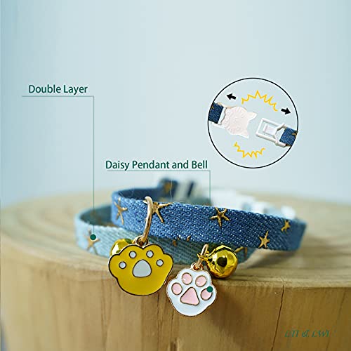 2 Pack Denim Breakaway Cat Collars with Bell Cat Paw Pendant Kitty Kitten Collars Blue Collar for Female Girl Cats Male Boy Cats Star Print - color: Blue