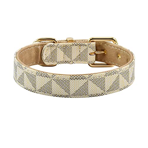 Leather Dog Collar and Leash Set, Check Pattern Dog Collar Leashes Metal Buckle Adjustable Durable for Small Medium Large Dogs (White, S(11.4-13.4IN)) - color: White, size: S(11.4-13.4IN)