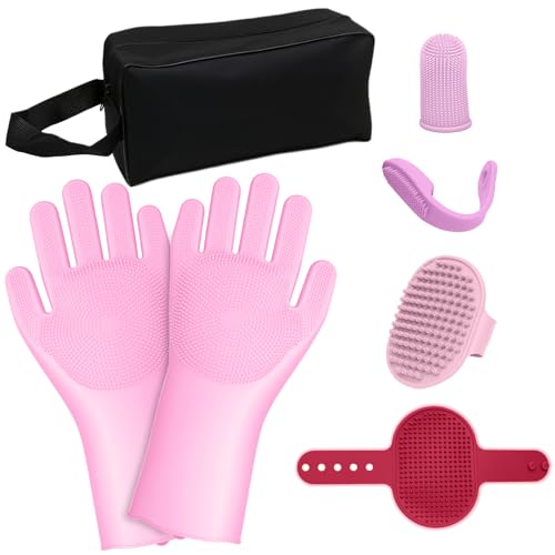 7-Piece Pet Grooming Kit with Storage Bag | Portable Bathing Set for Dogs & Cats | Includes Silicone Gloves, Deshedding Brushes & Finger Toothbrushes | All-in-One Pet Care (Pink) - color: Cherry Blossom Pink