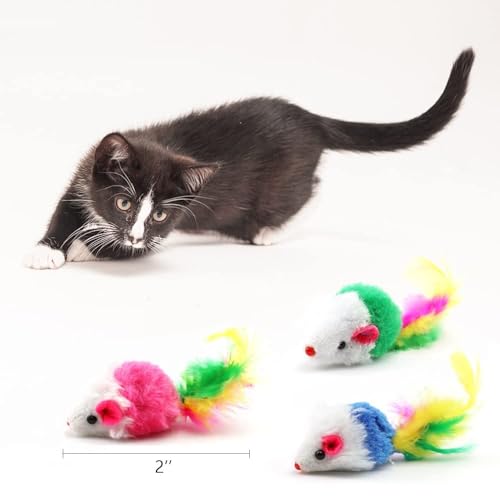 Cat Mouse Toys 12 Pcs Rattle Mice for Indoor Cats Furry Feather Fake Mouse Kitten Interactive Play Squeaky Fur Mice Cat Toy Funny Kitty Tracking Game with Rattling Sounds