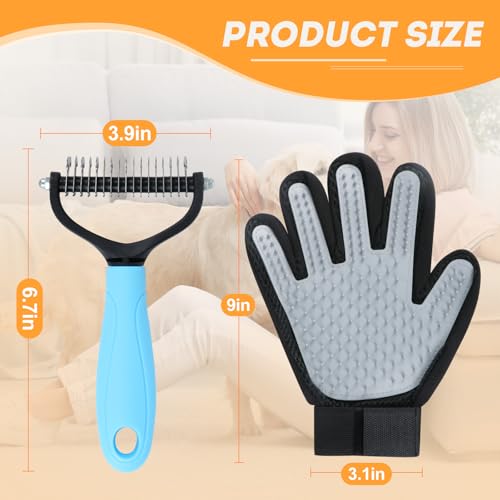 Cat & Dog Grooming Gloves for Shedding Brushes 1 Pair and Pet Grooming Rake 1PC, Double Sided Dematting, Deshedding Brush & Massage, Safe for Dogs & Cats - color: Grey Blue Pet Grooming Gloves and Rake