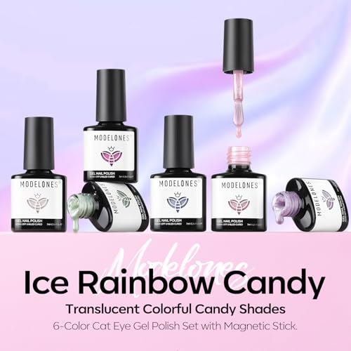 Modelones Cat Eye Gel Nail Polish, 6 Colors Glitter Summer Pink Blue Green Blue Gel Polish Set with Magnet Sparkle Translucent Nail Polish Kit Soak Off Led Nail Art Manicure Salon DIY Gifts - color: A-0 Ice Rainbow