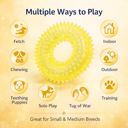 Squeaky Spiky Dog Ring Toy for Teeth Cleaning & Gum Massage 3.9 Inch Small Medium Dogs Yellow | Spiny TPR Rubber Chew Toy for Fetch Play Interactive Bouncy Dental Ring Durable BPA Free Nontoxic Floats - size: Yellow, Ring - 1 Pack