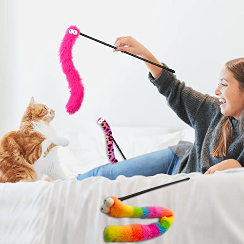 3 Pack Cat Wand Toy, Rainbow Cat Feather Toys with Bells, Teaser Wand with Soft Furry Tail, Interactive Toys for Indoor Cats & Kitten & Kitty - style: Playful