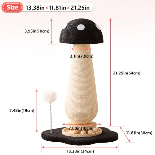 Mushroom Cat Scratching Post Cat Tree, 21.5‘’ H Cute Cat Scratcher Tower with Durable Solid Wood Turntable Toy, Solid Black Mushroom Scratch Post Cat Sisal Scratcher with Catnip for Indoor Cats - color: Black Mushroom