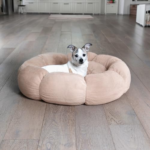 Sherry Kline Pets “Daisy Round” Donut Shape Calming Bed for Dogs and Cats, from Soft Faux Fur, Available in 4 Sizes, Machine Washable - color: Taupe, size: Extra Large