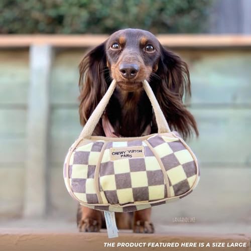 Haute Diggity Dog Chewy Vuiton Handbag Plush Squeaky Dog Toy, Soft Durable Designer-Inspired Stuffed Puppy Chew Toys for Small & Medium Dogs, Machine-Washable (Tan Checker) Large - color: Brown Handbag, size: Large