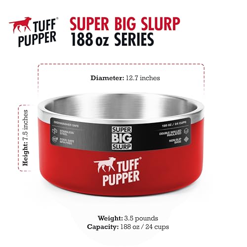 Tuff Pupper Heavy Duty Insulated Dog Bowl | Double Wall Stainless Steel Dog Food Dish | Non-Slip Spill Proof Dishwasher Safe Cat Bowl | Water Dish for Feeding Large Medium Small Pets (188oz, Red) - color: Crimson Red, size: 188oz