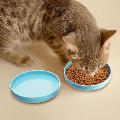 Ceramic Cat Bowls, Shallow Cat Dishes for Food and Water, 6 Inch Matte Finish Wide Cat Food Bowl, Whisker Fatigue Free Pet Puppy Kitten Bowl Set of 3, Dishwasher Safe - color: Blue-3pack