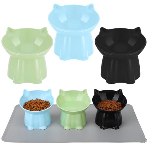 3 Pcs Elevated Cat Bowls 15°Raised Cat Food Bowl with Silicone Mat Whisker Friendly Anti Vomiting Cats Dishes Pet Food and Water Bowls for Indoor Cats Kittens Classic Blue, Black, Green Colors - color: Blue, Black, Green