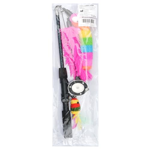 Pawaboo Cat Teaser Wand Toys, Cat Fishing Pole Toy with 3 Pack Feather Refills, 3-section Retractable Kitten Feather Toys with Pulley, Indoor Cats Teaser Catcher Exerciser with Bell,Rainbow + Rose Red - color: Plush-Rainbow