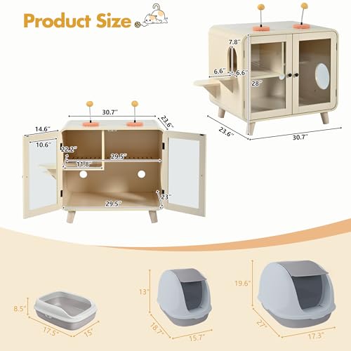 Merax Cat Hidden Litter Box Enclosure with RGB LED Light – Retro TV-Style Cat House Cabinet with Stairs, Pom-Pom Toys, Litter Leak Walkway & Glass Doors for Living Room,Beige - color: Beige