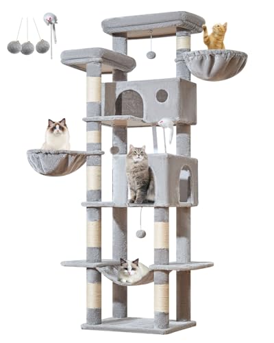 Taoqimiao Cat Tree Tower, 76-Inch Sturdy Cat Tree for Indoor Cats Large Adult Cat Tower with Scratching Posts,2 Condos, 2 Perches, 2 Large Hanging Baskets, Soft Hammock, MS046W Light Gray - color: Light Gray