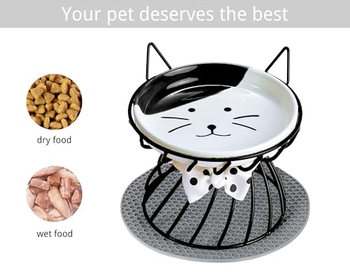 Elevated Cat Food Dish, Ceramic, Non-Slip Stand, Raised Feeding Station, 5 in, Shallow for Whiskers, Dishwasher Safe - color: Black