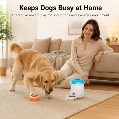 Interactive Dog Treat Dispenser Toy with Remote Button, Dog Puzzle Feeder & Slow Feeder for Bored Dogs, Mental Stimulation Reward Training Toy with 8 DIY Stickers