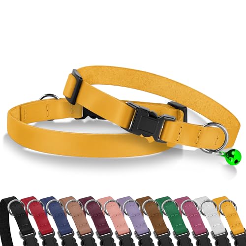 Breakaway Cat Collar with Bell - Leather Adjustable Kitten Collars with Safety Quick Release Buckle - Soft Small Pet Collars for Girl & Boy Cats (Yellow) - color: Yellow