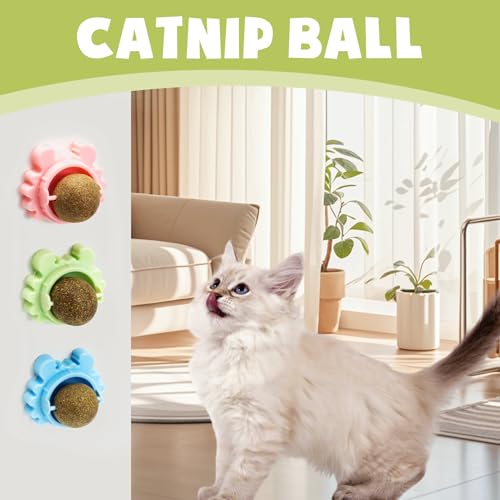 4 Pack Catnip Balls Wall Mounted - Organic Edible Catnip Toy for Cats, 360° Rotatable Interactive Chew Indoor Cat Toy