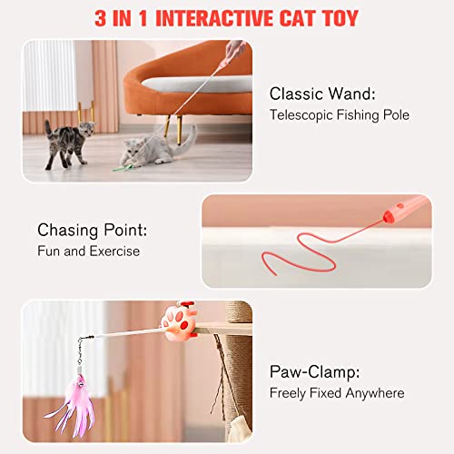 BEBOBLY 3-in-1 Retractable Cat Wand Toy for Indoor Cats - color: Pink