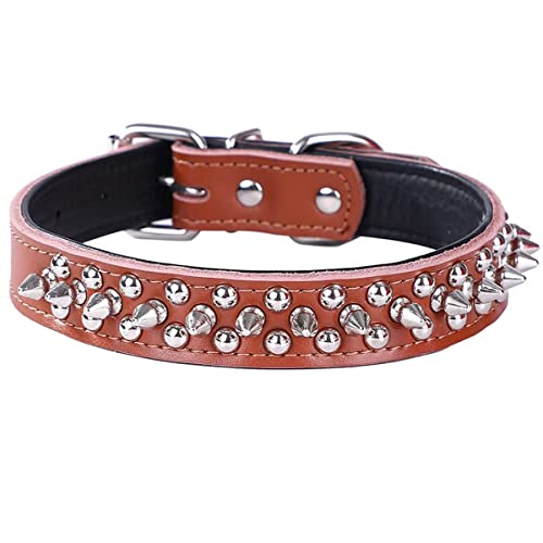 Spiked Studded Dog Collar, Soft Genuine Leather Dog Collar, Adjustable Dog Collars for Small Medium Large Dogs Breeds Pit Bull (S fit Neck 10.5-13", Brown2) - color: Brown2, size: S fit Neck 10.5-13"