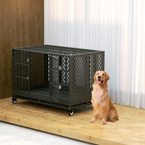 Snuowu 42 Inch Heavy Duty Dog Crate with Wheels, Folding Metal Big Dog Cage for Large and Medium Dogs, Extra Large XL XXL Indestructible Dog Crate with Removable Tray. - size: 42-Inch Black (Fold)