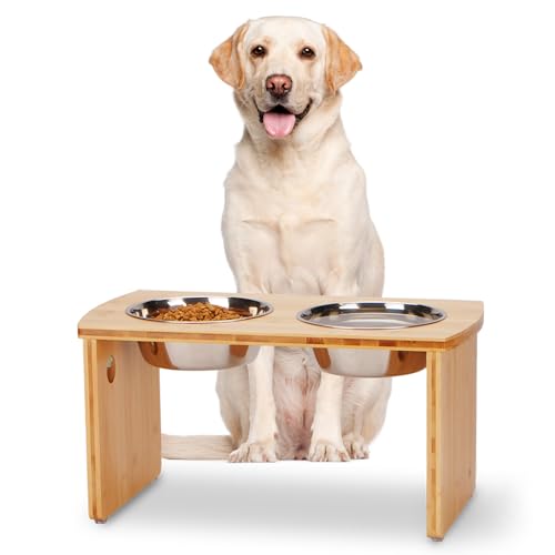 Elevated Dog Bowls, Bamboo Raised Dog Bowl for Large Dogs & Medium Dogs, with 2 Stainless Steel Bowls (10'' Tall–48 oz Bowl) - color: Natural, size: Large: 10'' Tall-48oz Bowl