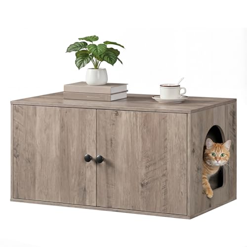 HOOBRO Cat Litter Box Enclosure, Hidden Litter Box Furniture with Side Entry, Litter Box Cabinet, Indoor Cat House, End Side Table, 31.5"L x 17.7"W x 16.3"H, for Living Room, Bathroom, Greige BG40MW01 - color: Greige