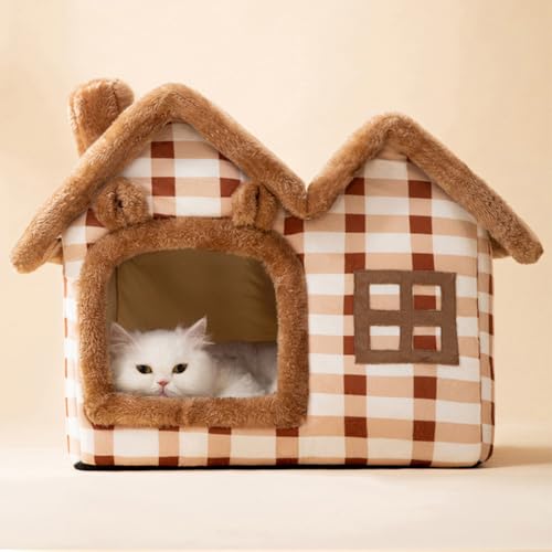 Cute Bear Pet Nest Luxury Double Roof Indoor Dog House Winter Cat Nest Foldable Warm Soft Kennel Cozy Cat House with Removable Cushion Pillow and Non-Slip Bottom - size: S:15.4*12.6*13.4IN